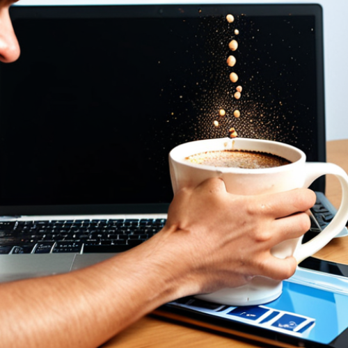Home 23 **A person accidentally spilling coffee on their laptop during an important meeting, reacting with self-deprecating humor instead of anger.** (Focus: humor, acceptance, everyday life, potential for cartoonish style)