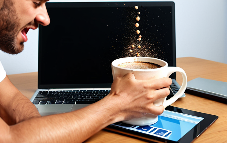 **A person accidentally spilling coffee on their laptop during an important meeting, reacting with self-deprecating humor instead of anger.** (Focus: humor, acceptance, everyday life, potential for cartoonish style)