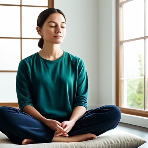 Home 22 A serene woman in modest, comfortable clothing, seated in a tranquil meditation pose on a soft cushion in a minimalist, sunlit room. Soft, diffused natural light illuminates the peaceful atmosphere. The background features a large window offering a blurred view of a calm, verdant garden. The image conveys inner peace and deep presence. Fully clothed, appropriate attire, safe for work, perfect anatomy, correct proportions, natural pose, well-formed hands, proper finger count, professional photography, high quality.