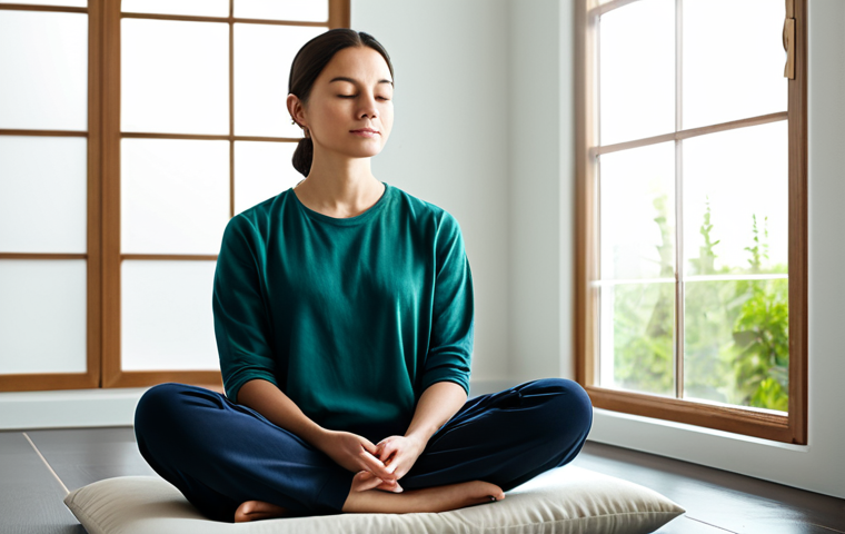 A serene woman in modest, comfortable clothing, seated in a tranquil meditation pose on a soft cushion in a minimalist, sunlit room. Soft, diffused natural light illuminates the peaceful atmosphere. The background features a large window offering a blurred view of a calm, verdant garden. The image conveys inner peace and deep presence. Fully clothed, appropriate attire, safe for work, perfect anatomy, correct proportions, natural pose, well-formed hands, proper finger count, professional photography, high quality.