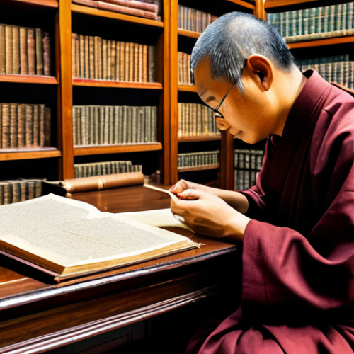 Home 9 **
"A scholar, engrossed in ancient Buddhist texts about Abhidhamma, sitting at a wooden desk in a peaceful library filled with scrolls and artifacts, fully clothed in traditional scholar's attire, safe for work, appropriate content, professional, modest, family-friendly, perfect anatomy, correct proportions, natural pose, well-formed hands, proper finger count, natural body proportions, warm lighting, detailed."
**