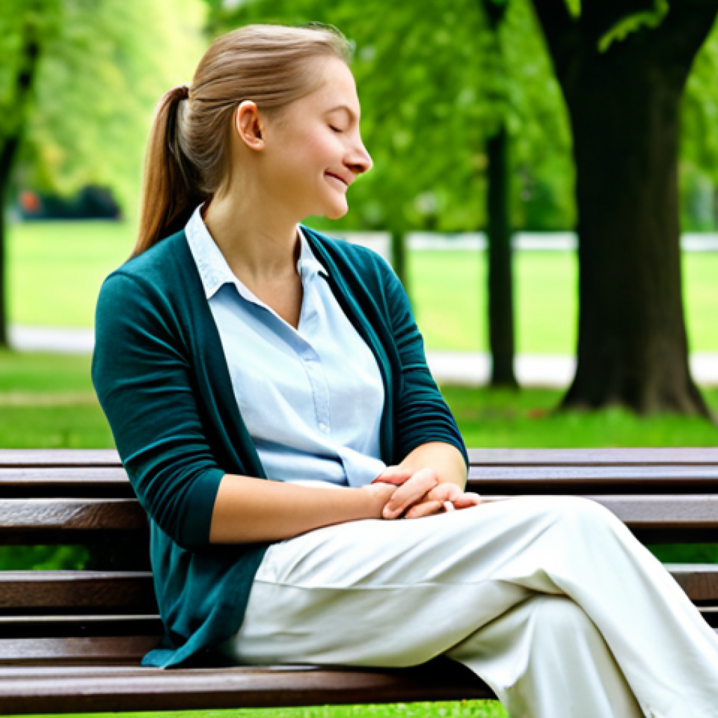 Mindfulness in Daily Life**

"A serene woman, fully clothed in comfortable, modest clothing, sitting on a park bench in a peaceful German park. She is practicing mindful breathing, eyes closed, with a gentle smile. Soft, natural lighting. Background: lush green trees, a few people strolling in the distance. safe for work, appropriate content, perfect anatomy, natural pose, well-formed hands, proper finger count, family-friendly, professional photography, high quality."

**