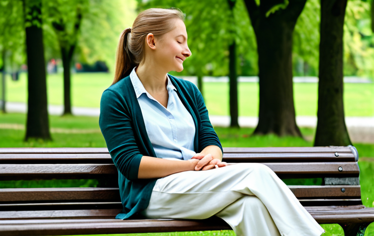 Mindfulness in Daily Life**
"A serene woman, fully clothed in comfortable, modest clothing, sitting on a park bench in a peaceful German park. She is practicing mindful breathing, eyes closed, with a gentle smile. Soft, natural lighting. Background: lush green trees, a few people strolling in the distance. safe for work, appropriate content, perfect anatomy, natural pose, well-formed hands, proper finger count, family-friendly, professional photography, high quality."
**