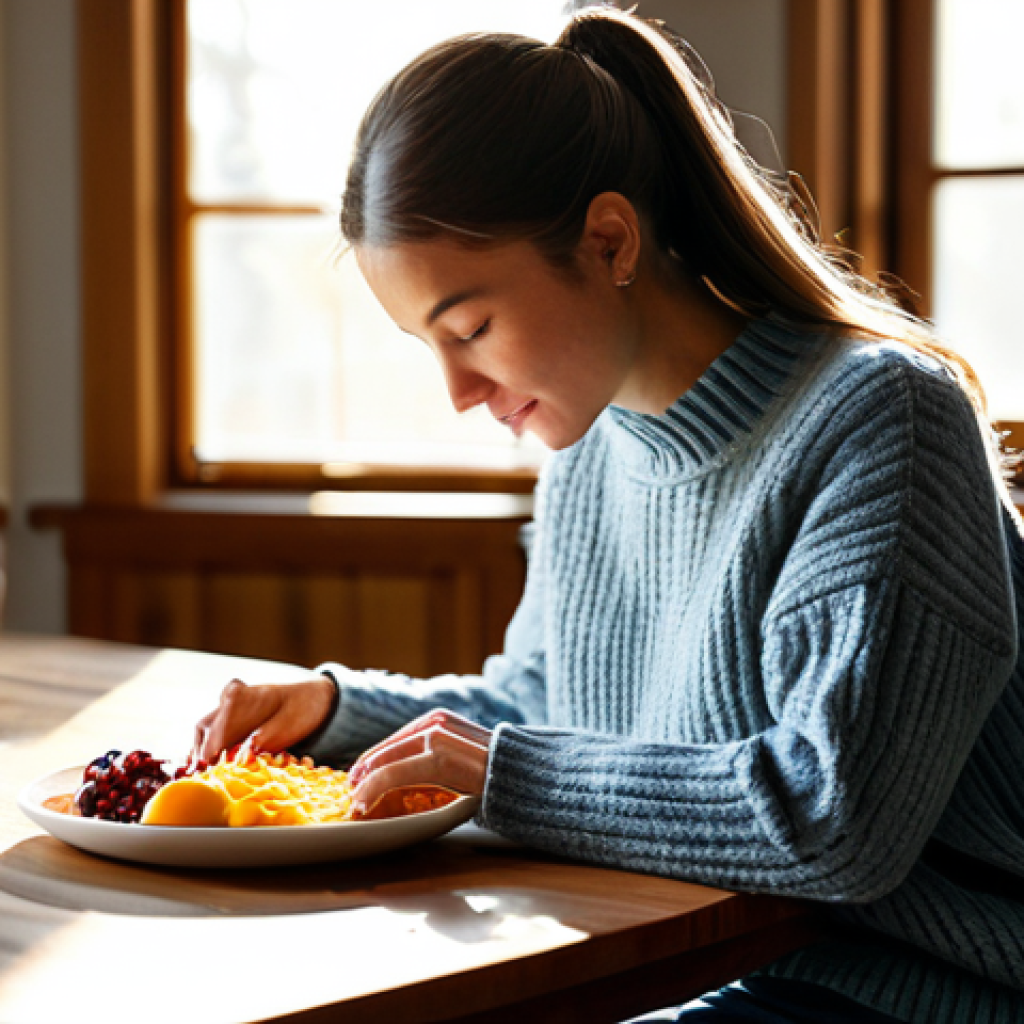 **
"A woman practicing mindful eating at a wooden kitchen table, fully clothed in a comfortable sweater and jeans, sunlight streaming through the window, safe for work, appropriate content, perfect anatomy, natural proportions, professional photography, family-friendly, focus on the food and her hands."
**