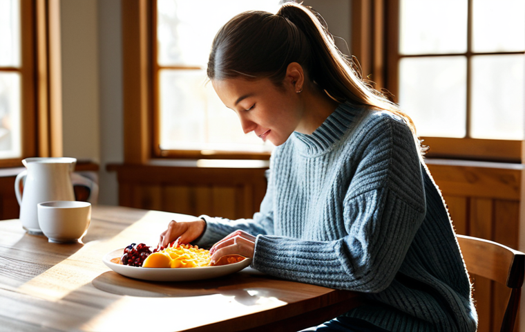 **
"A woman practicing mindful eating at a wooden kitchen table, fully clothed in a comfortable sweater and jeans, sunlight streaming through the window, safe for work, appropriate content, perfect anatomy, natural proportions, professional photography, family-friendly, focus on the food and her hands."
**