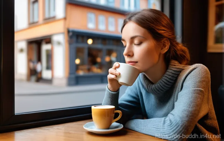 불교에서의 심리 치료법 - **Prompt 1: Mindful Moment in a German Café**
**Description:** A wide shot capturing a woman in ...