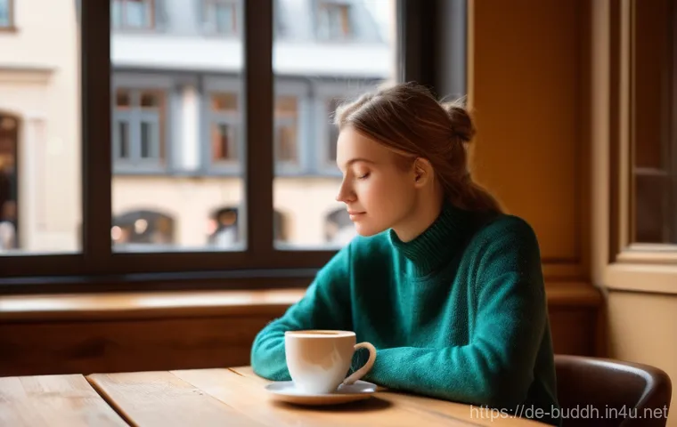 불교와 영적 성장 - **Prompt:** "A peaceful, mindful moment in a modern German café. A young woman, early 30s, with a se...