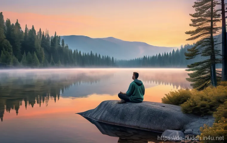 불교에서의 명상 치료법 - **Prompt 1: Serene Lakeside Mindfulness**
    "A person, appearing peaceful and contemplative, sits ...
