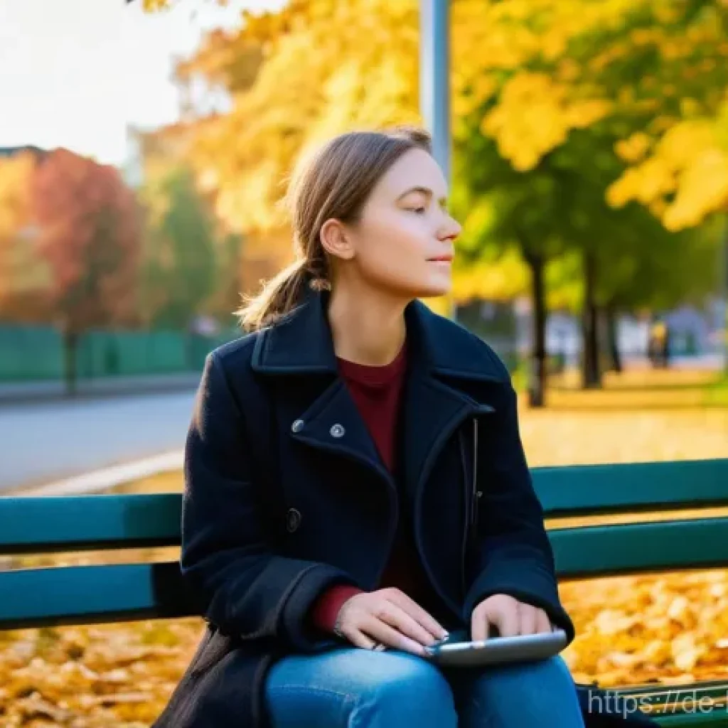 불교와 사회적 이슈 - **Prompt:** A young German woman, in her late 20s, sits serenely on a park bench in a vibrant urban ...