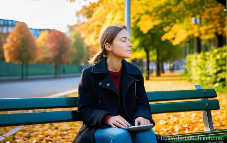 불교와 사회적 이슈 - **Prompt:** A young German woman, in her late 20s, sits serenely on a park bench in a vibrant urban ...