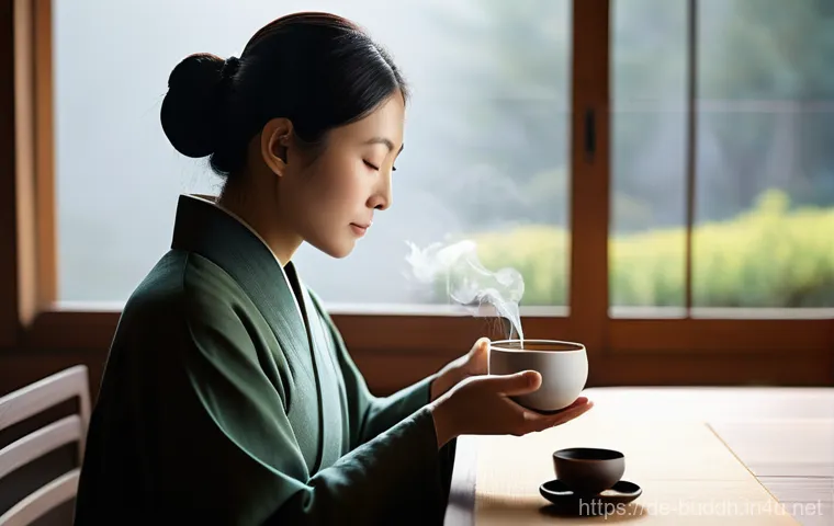 불교의 깨달음 과정 - A serene, gender-neutral person, dressed in comfortable, modest clothing, is engaged in a mindful te...