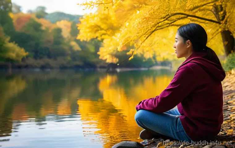 불교의 깨달음 과정 - A serene, gender-neutral person, dressed in comfortable, modest clothing, is engaged in a mindful te...