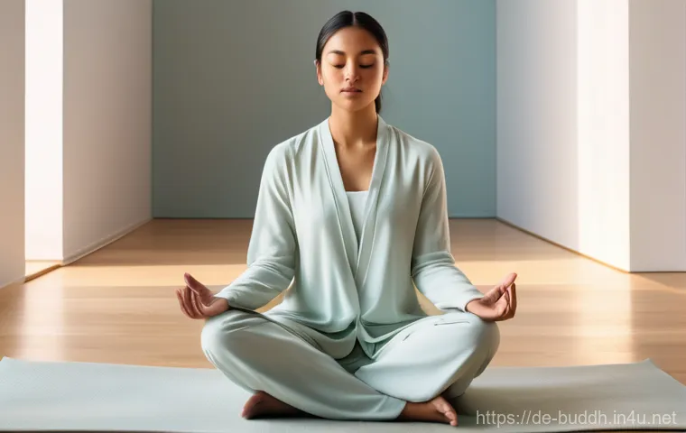 불교의 깨달음 과정 - A calm and contemplative individual, wearing simple, comfortable, and modest attire, sits peacefully...