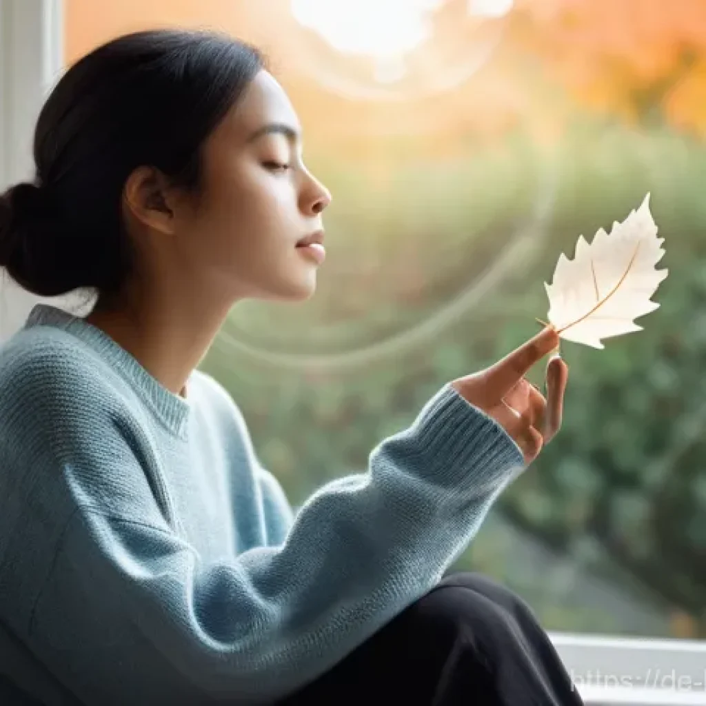 불교에서의 번뇌 극복 - **Prompt: Inner Reflection and Letting Go**
    A person in their late teens or early twenties, dres...