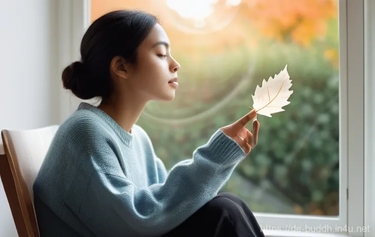불교에서의 번뇌 극복 - **Prompt: Inner Reflection and Letting Go**
    A person in their late teens or early twenties, dres...
