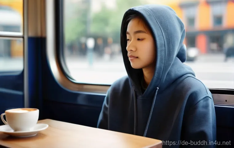 불교에서의 번뇌 극복 - **Prompt: Inner Reflection and Letting Go**
    A person in their late teens or early twenties, dres...