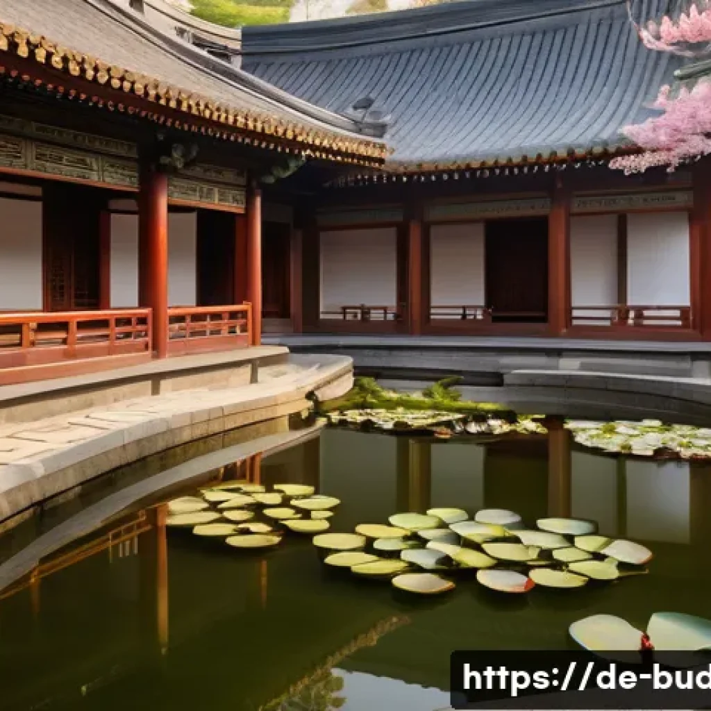 불교 사찰 건축 - A serene East Asian Buddhist temple courtyard at dawn, featuring a symmetrical layout with wooden st...