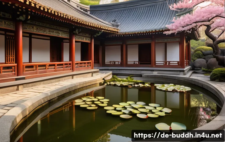 불교 사찰 건축 - A serene East Asian Buddhist temple courtyard at dawn, featuring a symmetrical layout with wooden st...