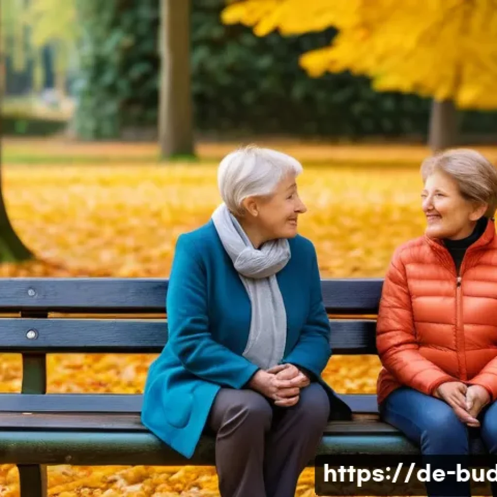 불교에서의 사회적 윤리 - A serene urban park scene in Germany during autumn, featuring diverse people practicing mindful list...
