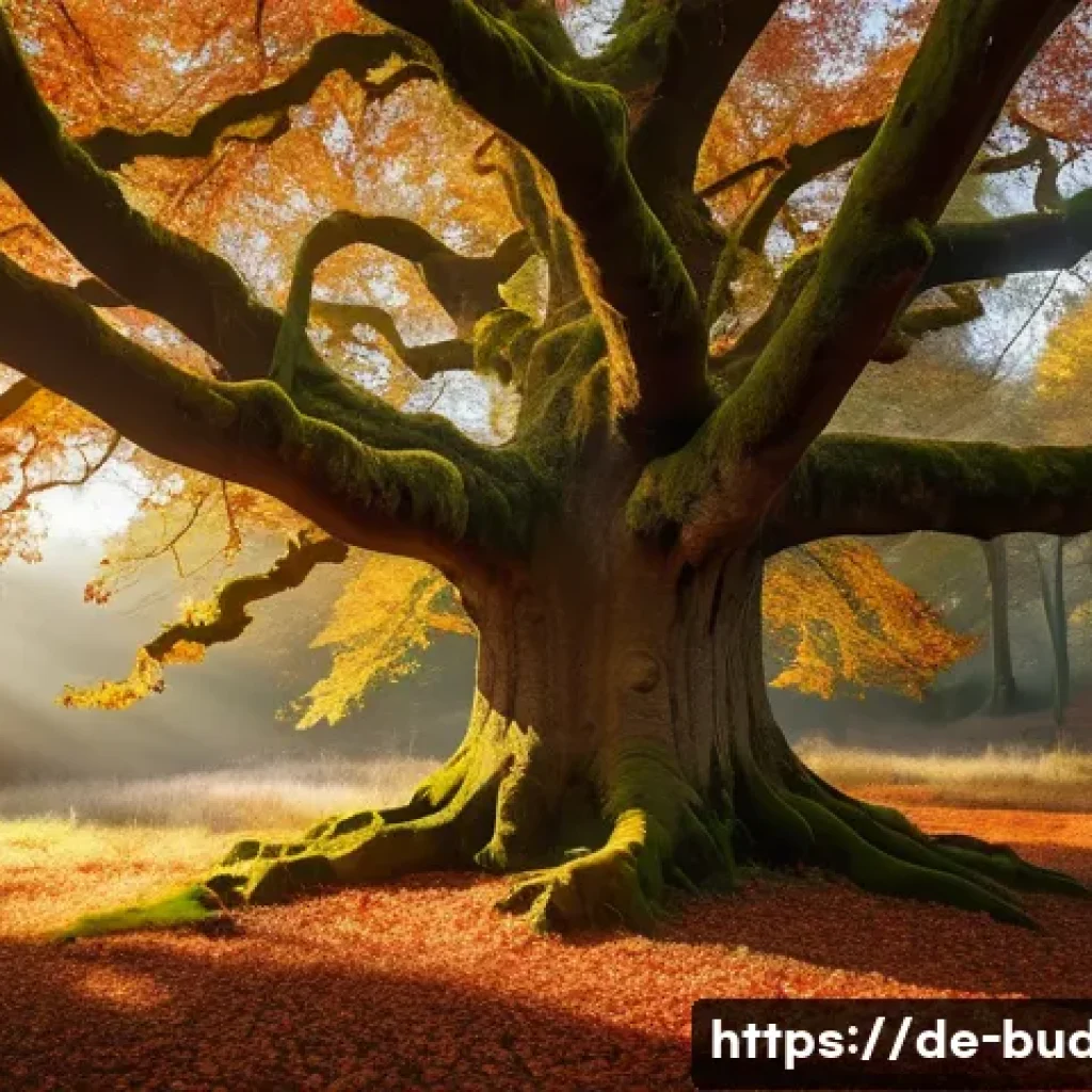 불교에서의 존재와 본질 - A serene and detailed scene of an ancient oak tree in a German forest during autumn, leaves in vibra...