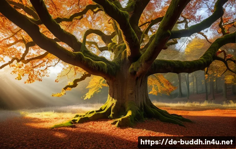 불교에서의 존재와 본질 - A serene and detailed scene of an ancient oak tree in a German forest during autumn, leaves in vibra...