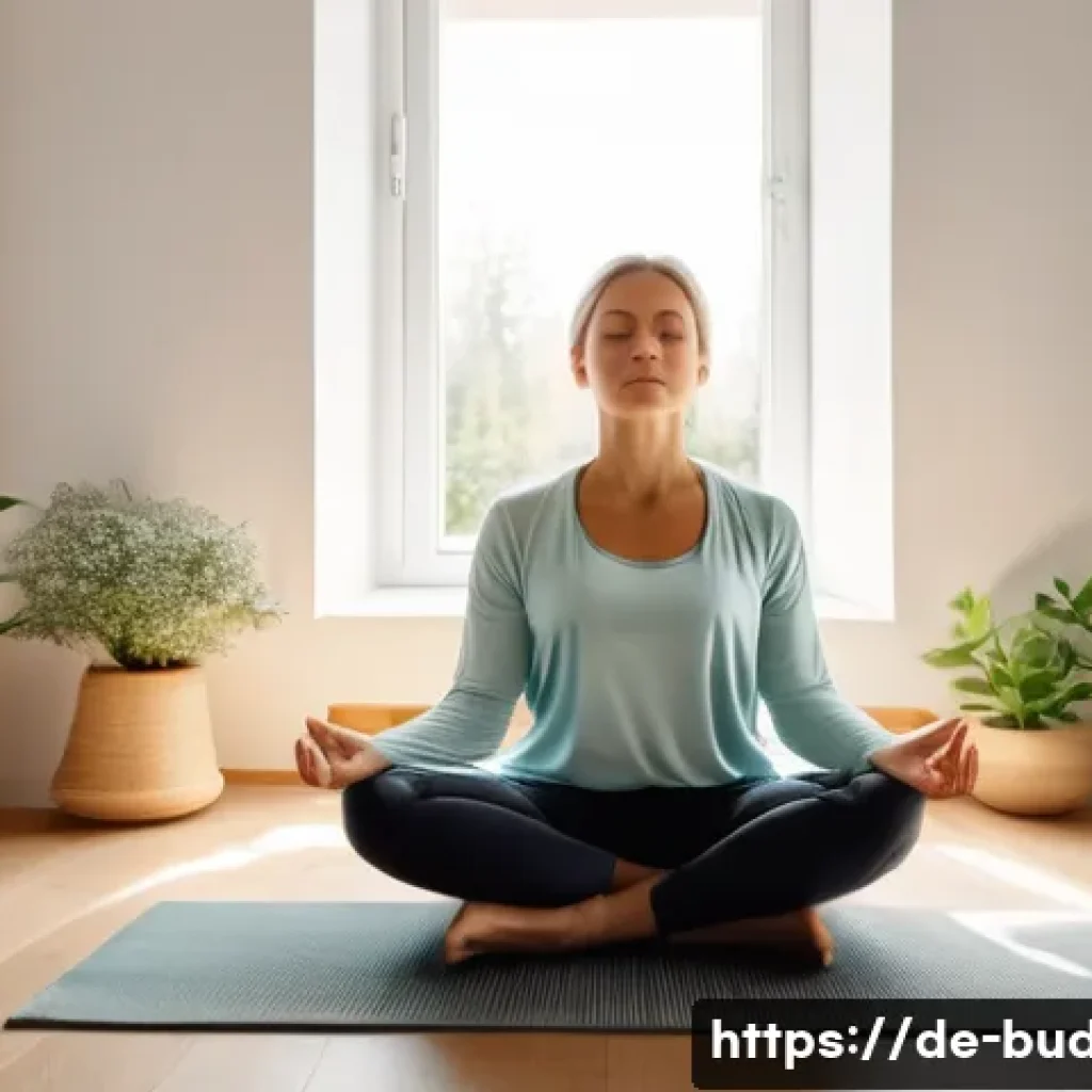 불교에서의 수행 체험 - A serene morning meditation scene in a cozy, softly lit German apartment, featuring a calm adult wom...