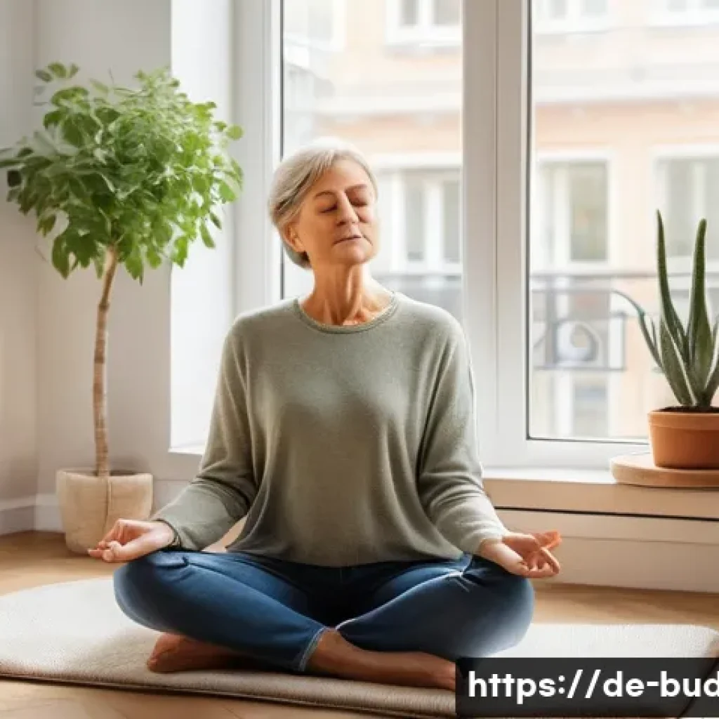 불교에서의 고통의 의미 - A serene scene depicting a middle-aged German woman practicing mindfulness meditation in a cozy, sun...