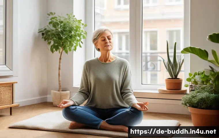 불교에서의 고통의 의미 - A serene scene depicting a middle-aged German woman practicing mindfulness meditation in a cozy, sun...
