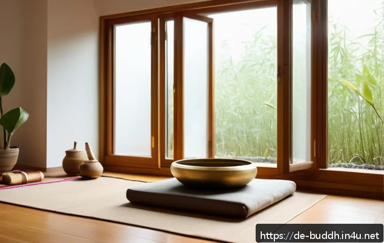 불교에서의 음악적 전통 - A serene meditation room in a modern German apartment, softly lit with natural daylight filtering th...