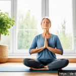Home 22 불교에서의 행복 찾기 - A serene morning scene in a modern German apartment, showing a middle-aged woman practicing mindful ...
