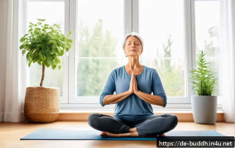 불교에서의 행복 찾기 - A serene morning scene in a modern German apartment, showing a middle-aged woman practicing mindful ...