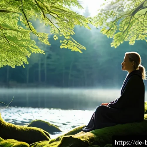 Home 33 불교와 무속 - A serene forest scene during early morning light, featuring a middle-aged European woman sitting pea...