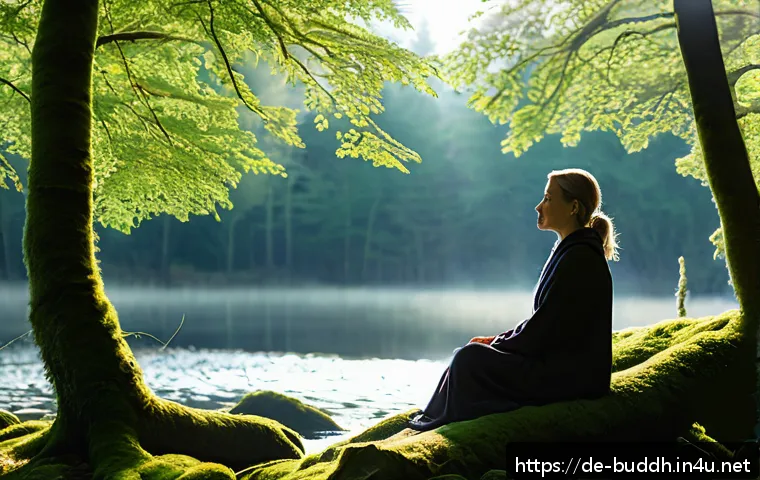 불교와 무속 - A serene forest scene during early morning light, featuring a middle-aged European woman sitting pea...