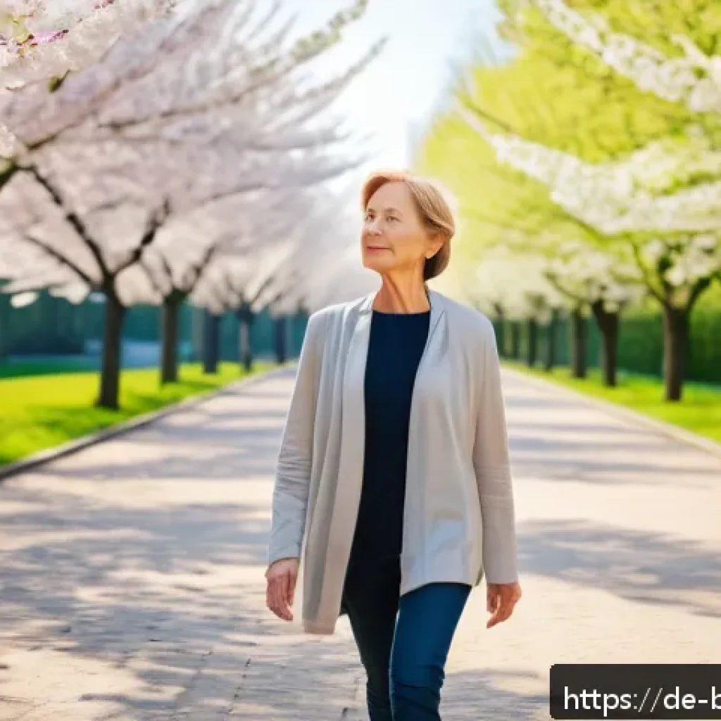 불교의 심층적 철학 - A serene urban park scene in springtime Germany, featuring a middle-aged German woman practicing min...