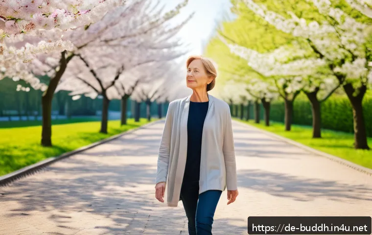 불교의 심층적 철학 - A serene urban park scene in springtime Germany, featuring a middle-aged German woman practicing min...