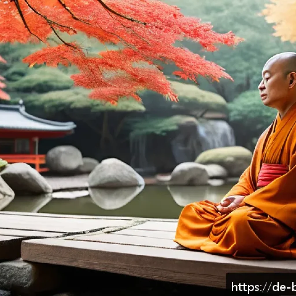 불교 경전 목록 - A serene, detailed depiction of a traditional Buddhist monk seated in a tranquil temple garden in Ja...