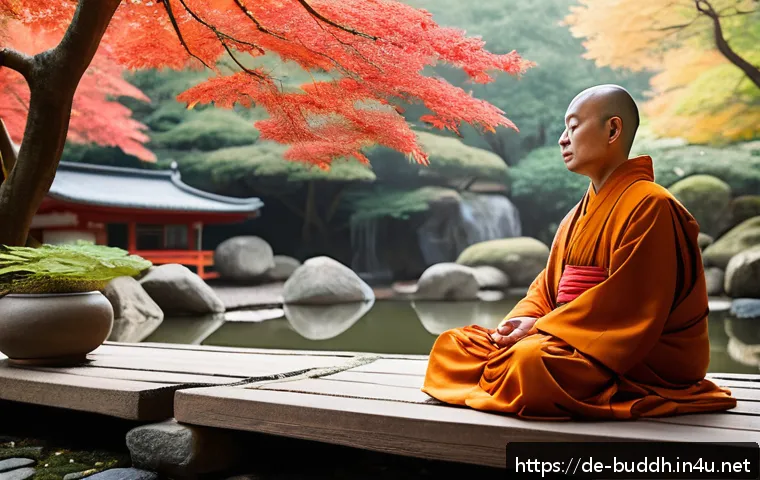 불교 경전 목록 - A serene, detailed depiction of a traditional Buddhist monk seated in a tranquil temple garden in Ja...