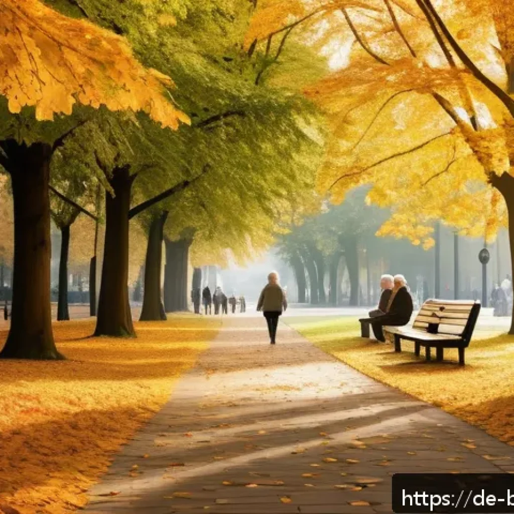 불교에서의 업보 - A serene urban park scene in a modern German city during early autumn, featuring a diverse group of ...