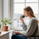 Home 23 불교의 현실적 적용 - A peaceful morning scene in a modern German apartment: a young adult sitting calmly by a window with...
