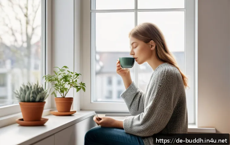 불교의 현실적 적용 - A peaceful morning scene in a modern German apartment: a young adult sitting calmly by a window with...