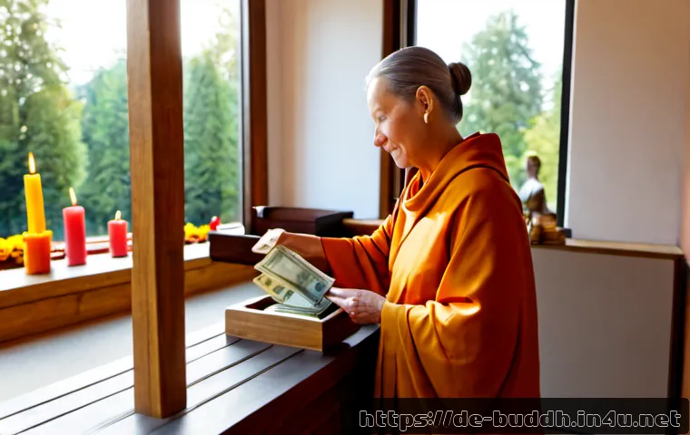 불교에서의 기부 문화 - Photorealistic scene inside a serene contemporary Buddhist temple in Germany, a middle-aged German w...
