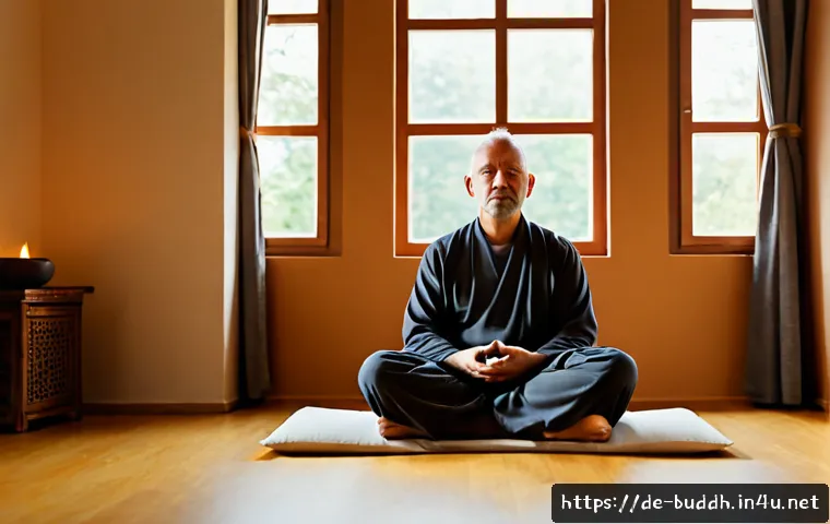 불교에서의 분노 다스리기 - Photorealistic middle-aged German man calmly practicing Buddhist breathing meditation in a quiet sun...
