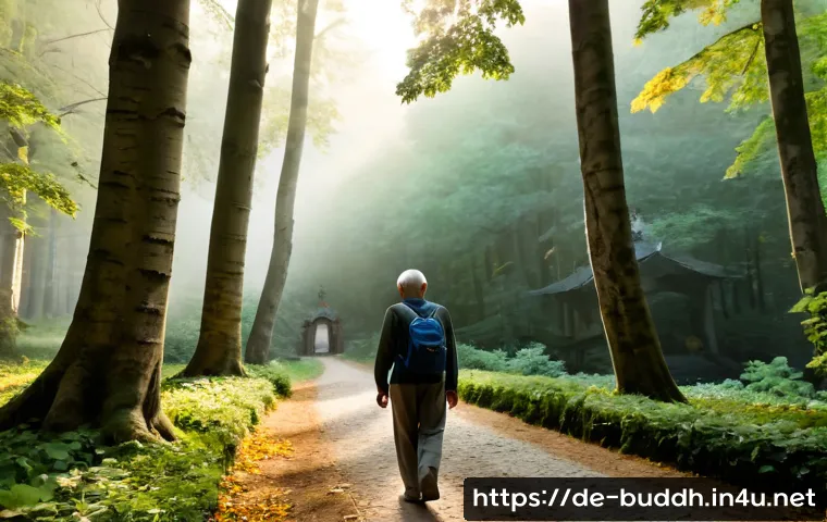 불교에서의 지혜의 여정 - Photorealistic early morning scene in a peaceful German forest near a quiet monastery path, an older...